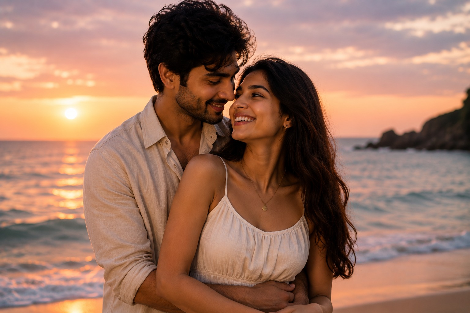 Marcus et Elena s'enlaçant sur une plage au coucher du soleil