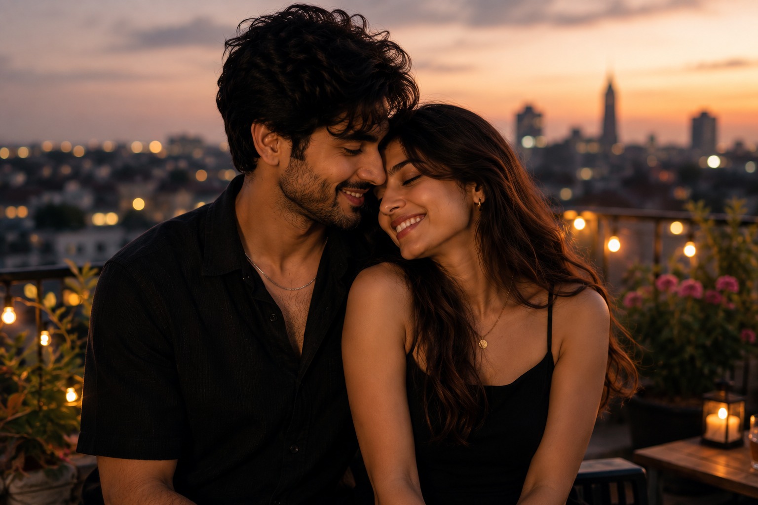 Sophie et Daniel souriant ensemble sur un toit-terrasse le soir