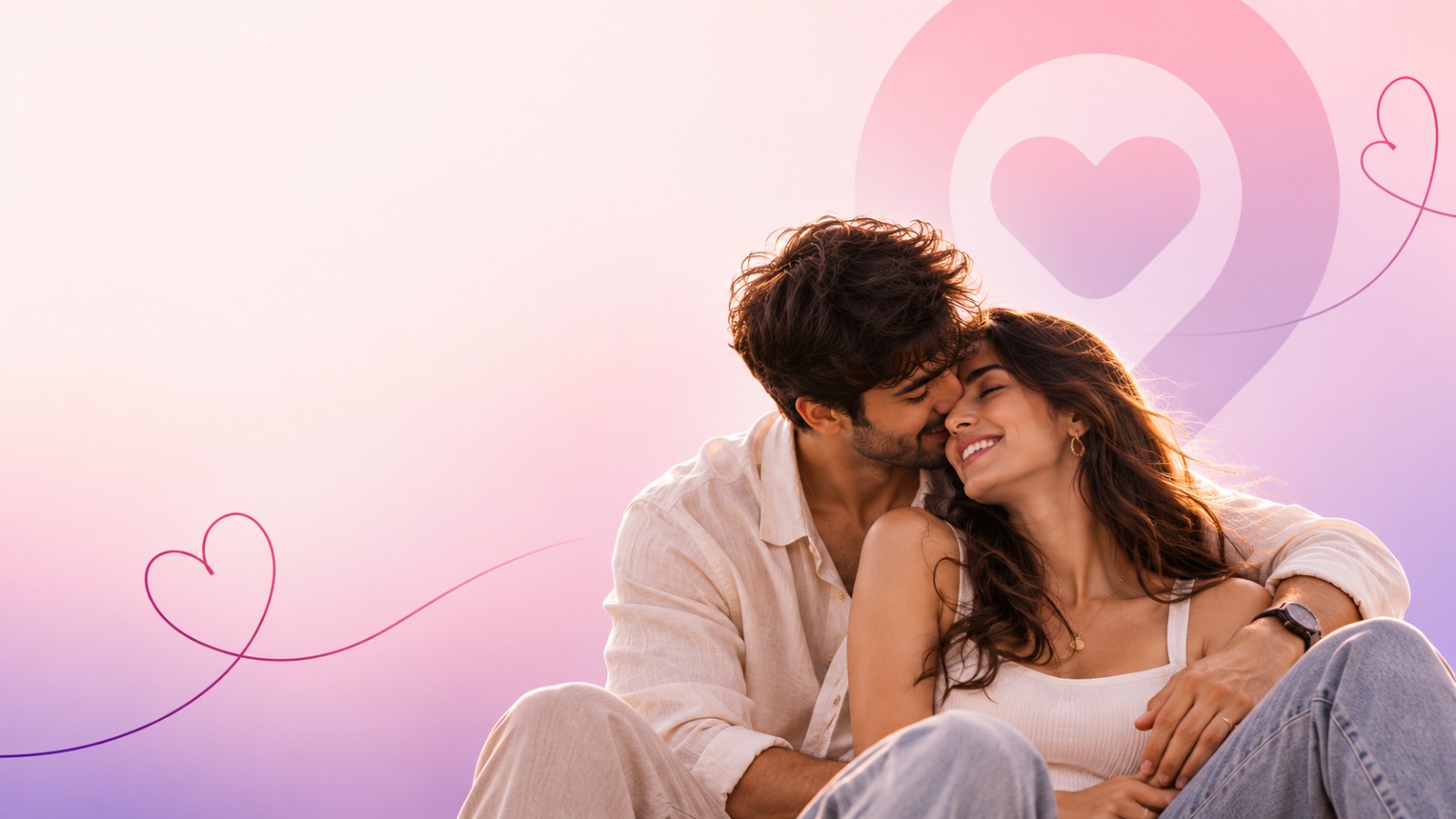 A couple embracing, with a decorative heart illustration in the background