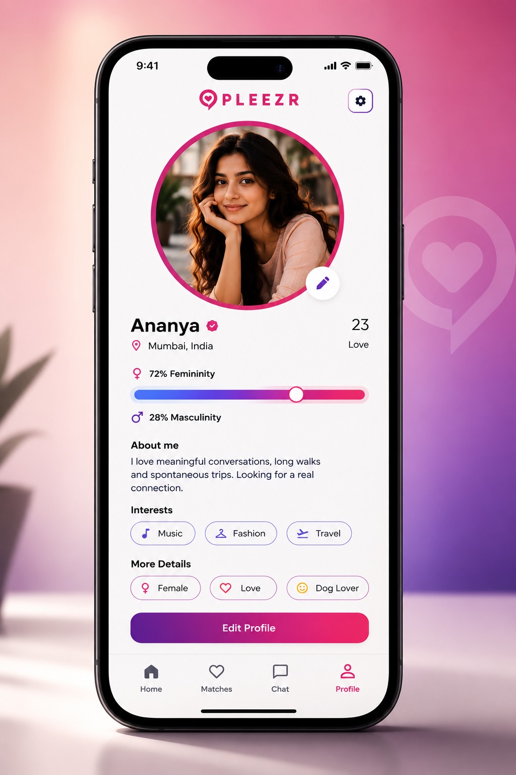 Pleezr profile screen showing a masculine/feminine energy balance slider