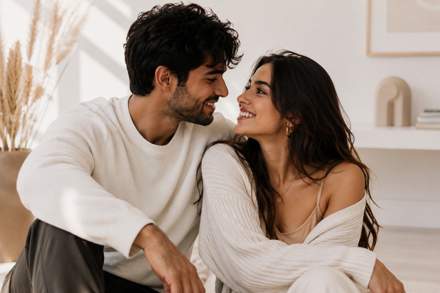 Couple souriant de près à la maison, représentant une connexion authentique construite grâce à Pleezr