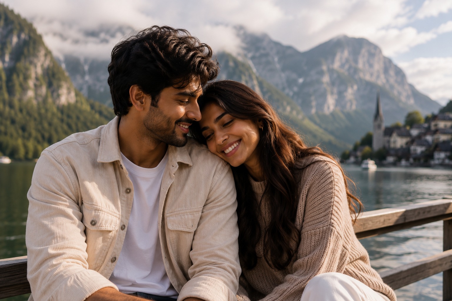 A couple sharing a quiet moment together by a mountain lake
