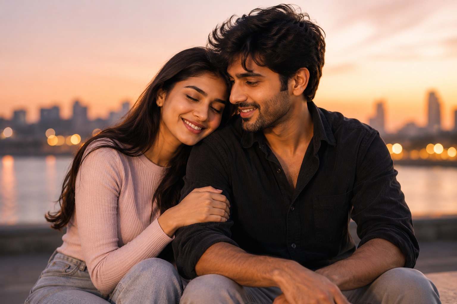 A couple sitting close together by the water at sunset, one resting her head on the other's shoulder