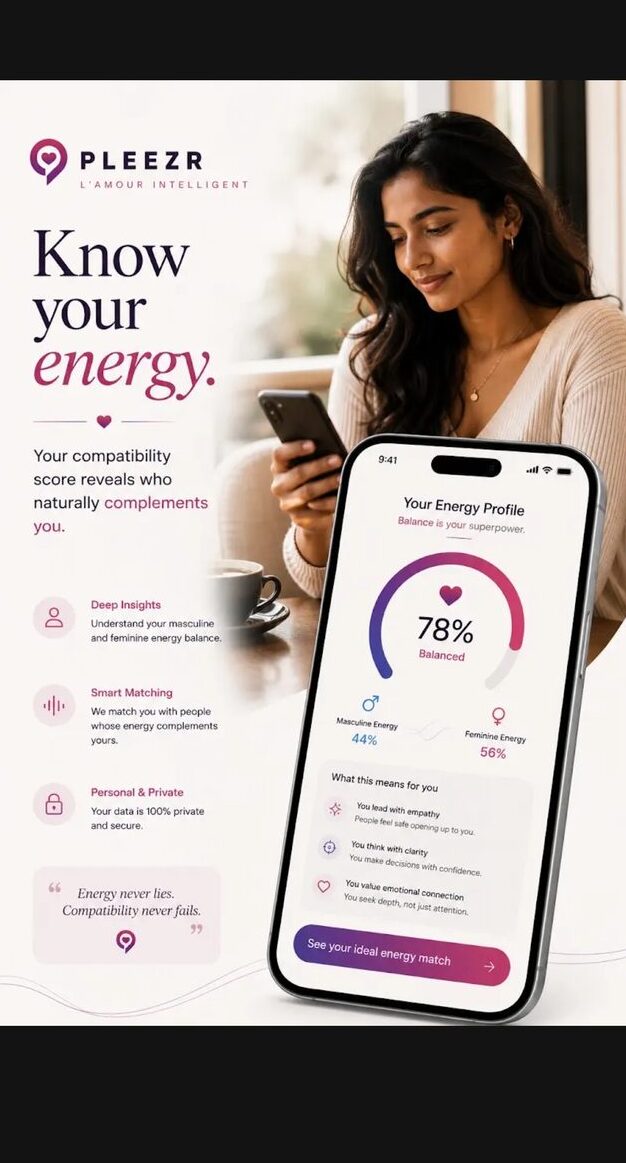 Pleezr energy result screen showing a 78% Balanced score with a masculine/feminine energy breakdown and personal insights