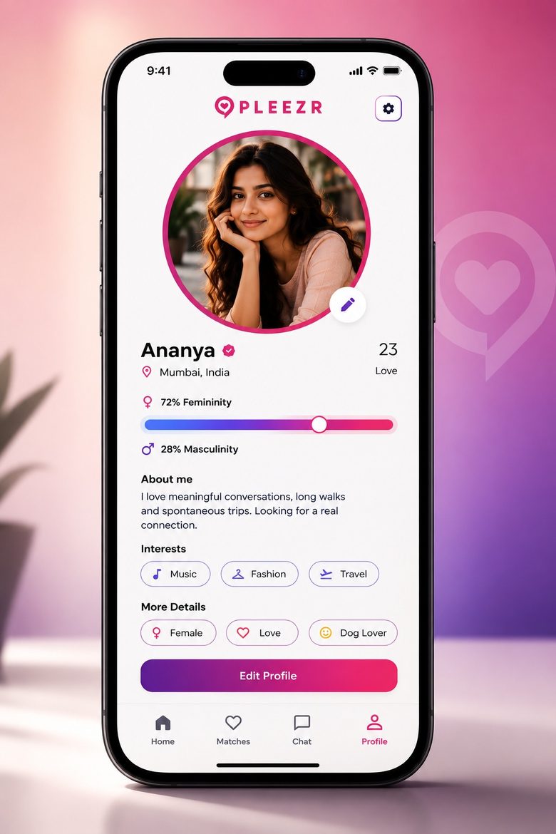 Pleezr profile screen showing Ananya's photo, bio, masculine/feminine energy balance, and selected interests
