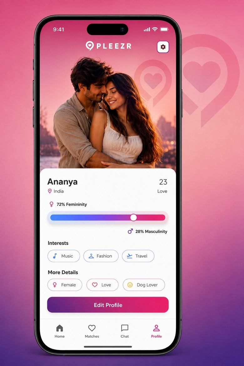 Pleezr profile screen showing Ananya's cover photo with her interests — Music, Fashion, and Travel — displayed as tags